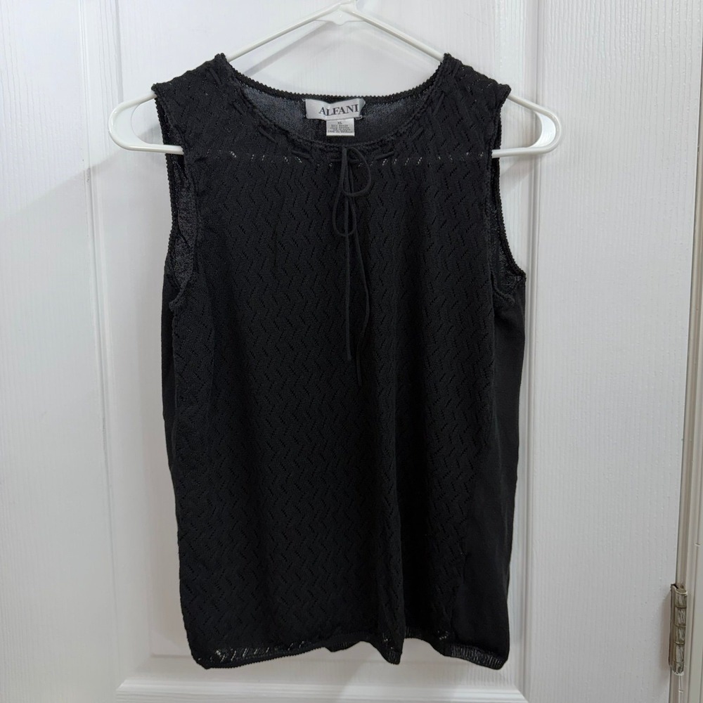 Vintage Alfani black crocheted tie neck knit sleeveless cotton neutral top XL